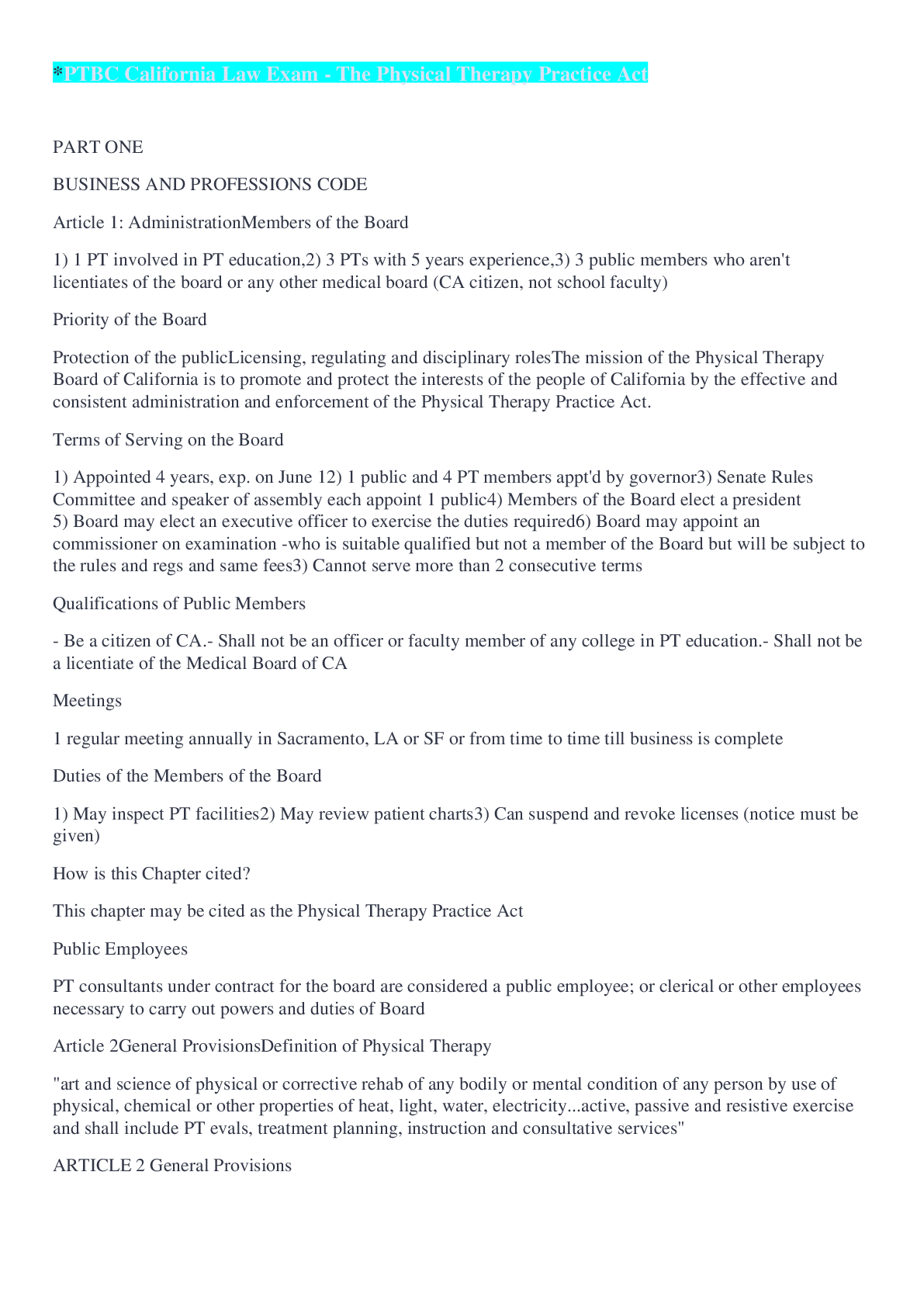 Preview image for *PTBC California Law Exam - The Physical Therapy Practice Act